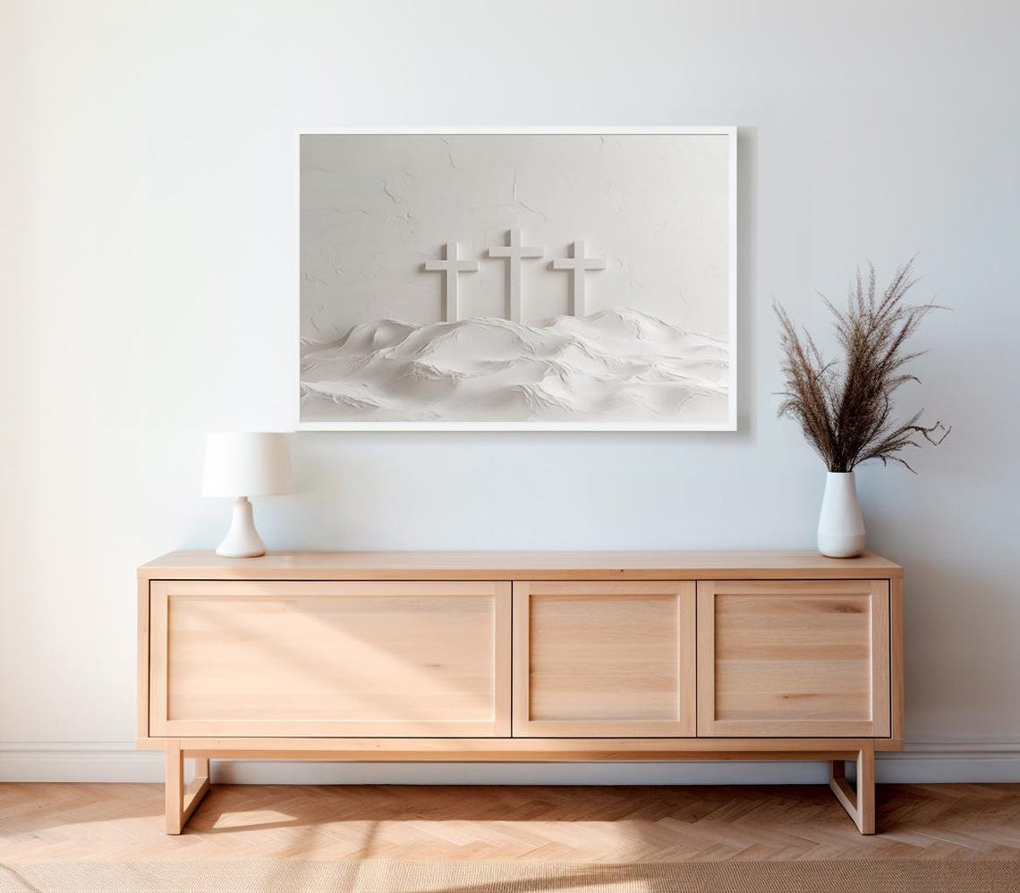 All White Three Crosses On A Textured Hill Minimalist Poster - Image 2