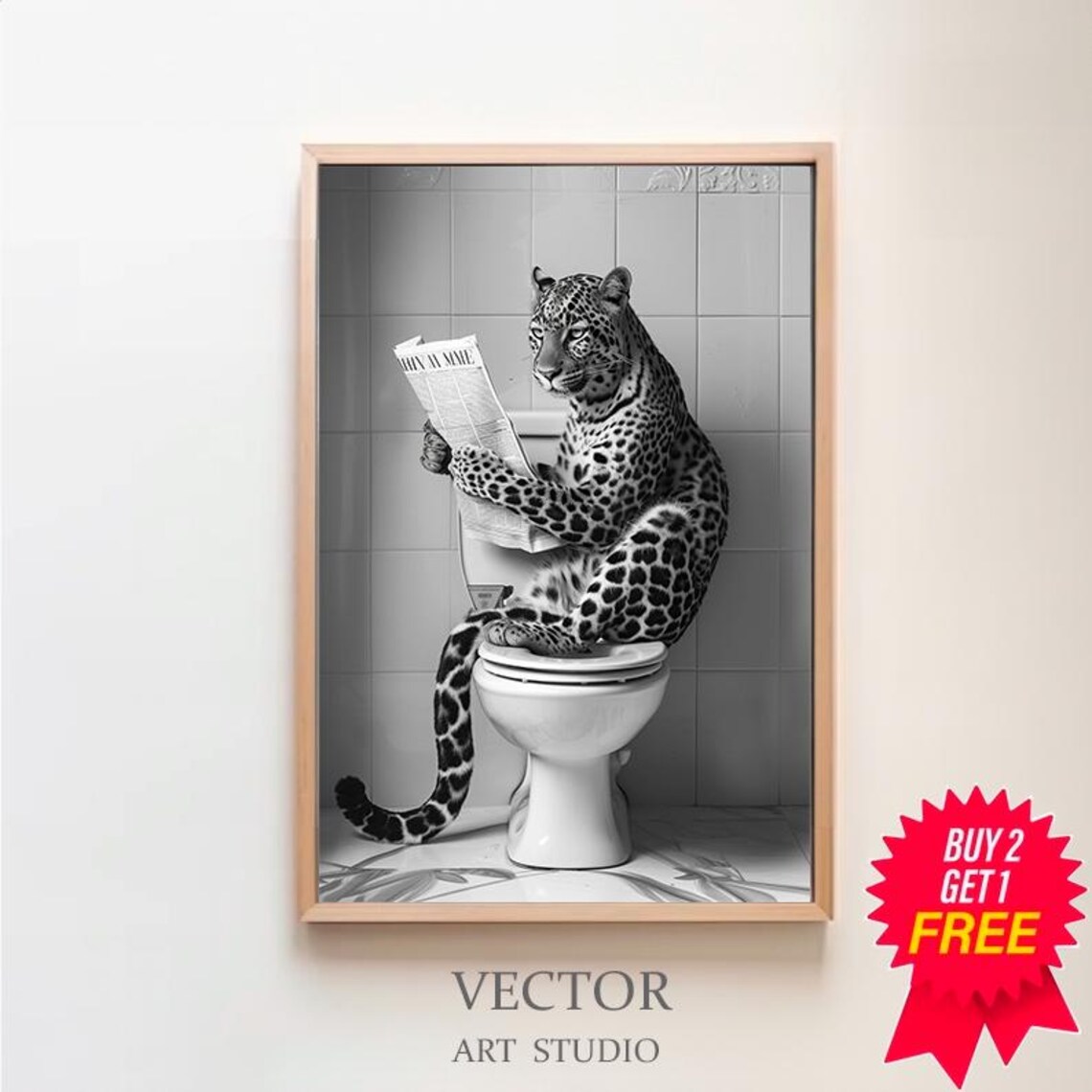Leopard Sitting on Toilet Reading Newspaper Funny Wildlife Poster