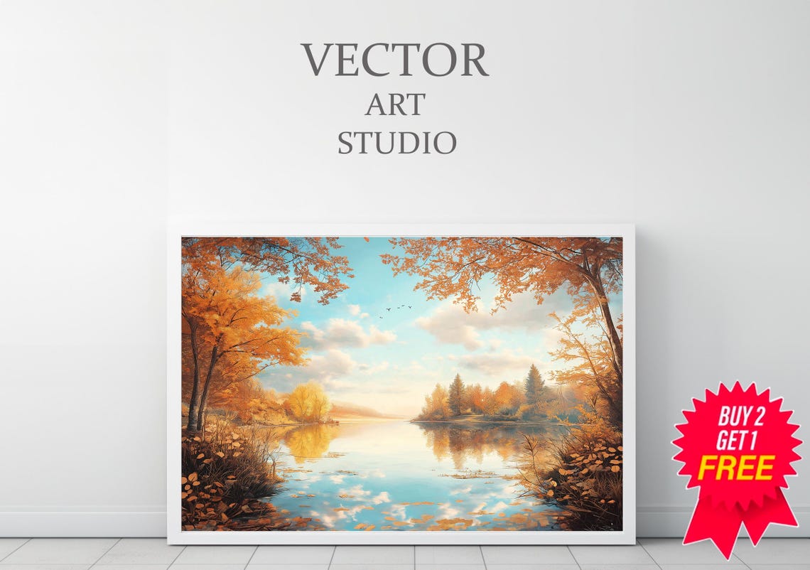 Vibrant Fall Foliage Around a Mirror-Calm Lake Under Blue Sky Poster - Image 3
