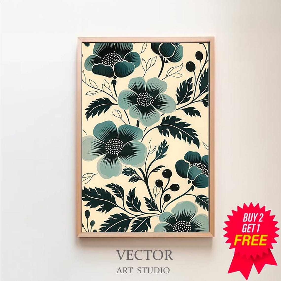 Sage Green Folk Flowers on Cream Boho Botanical Style Poster