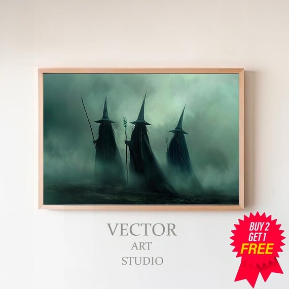 Three Witches In Thick Fog With Staffs Dark Green Coven Poster
