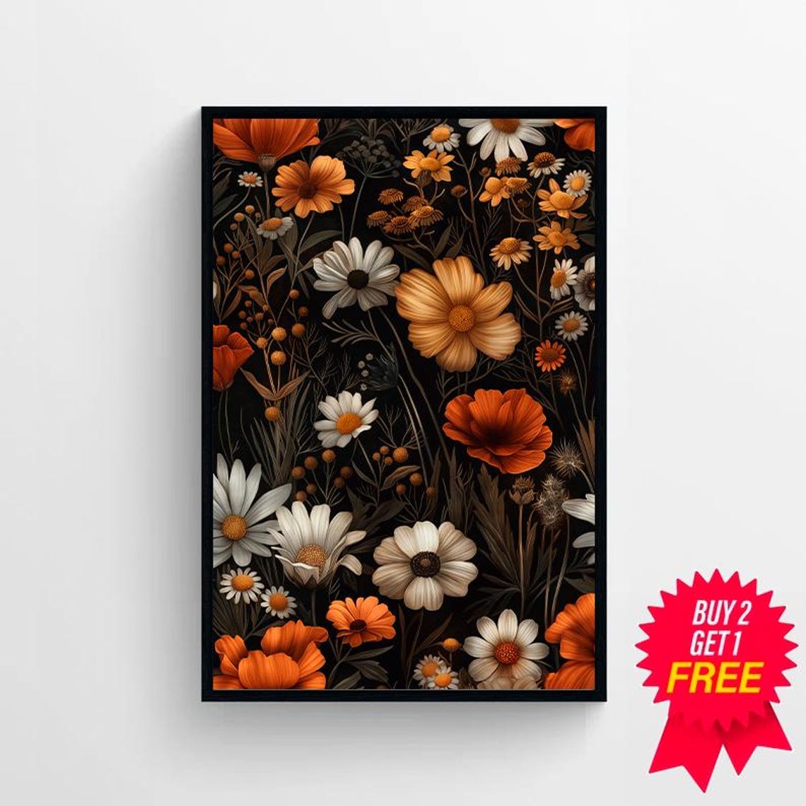 Orange and White Wildflowers Moody Dark Botanical Art Poster - Image 4