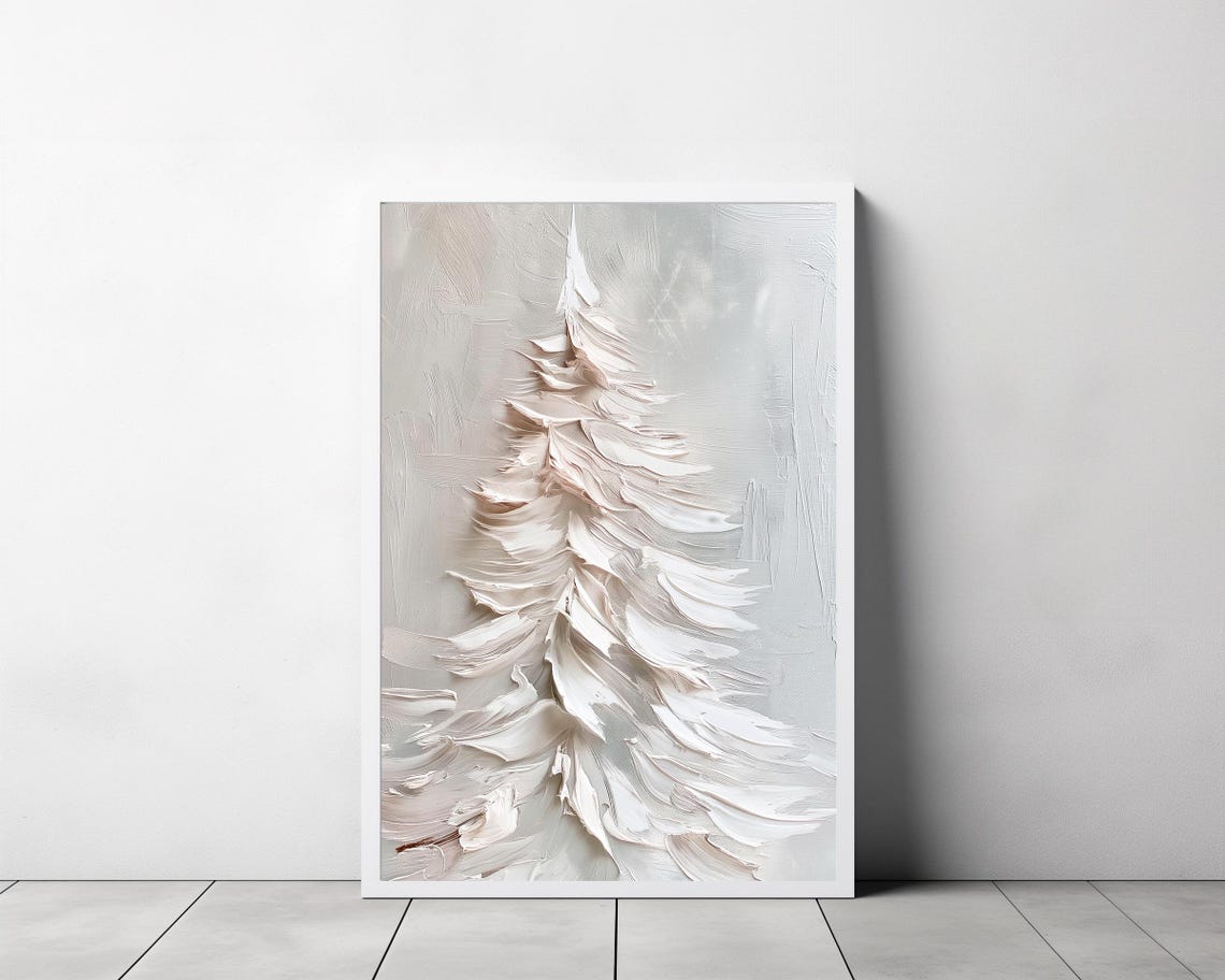 Snowy White Pine Tree Textured Impasto Minimalist Winter Poster - Image 3