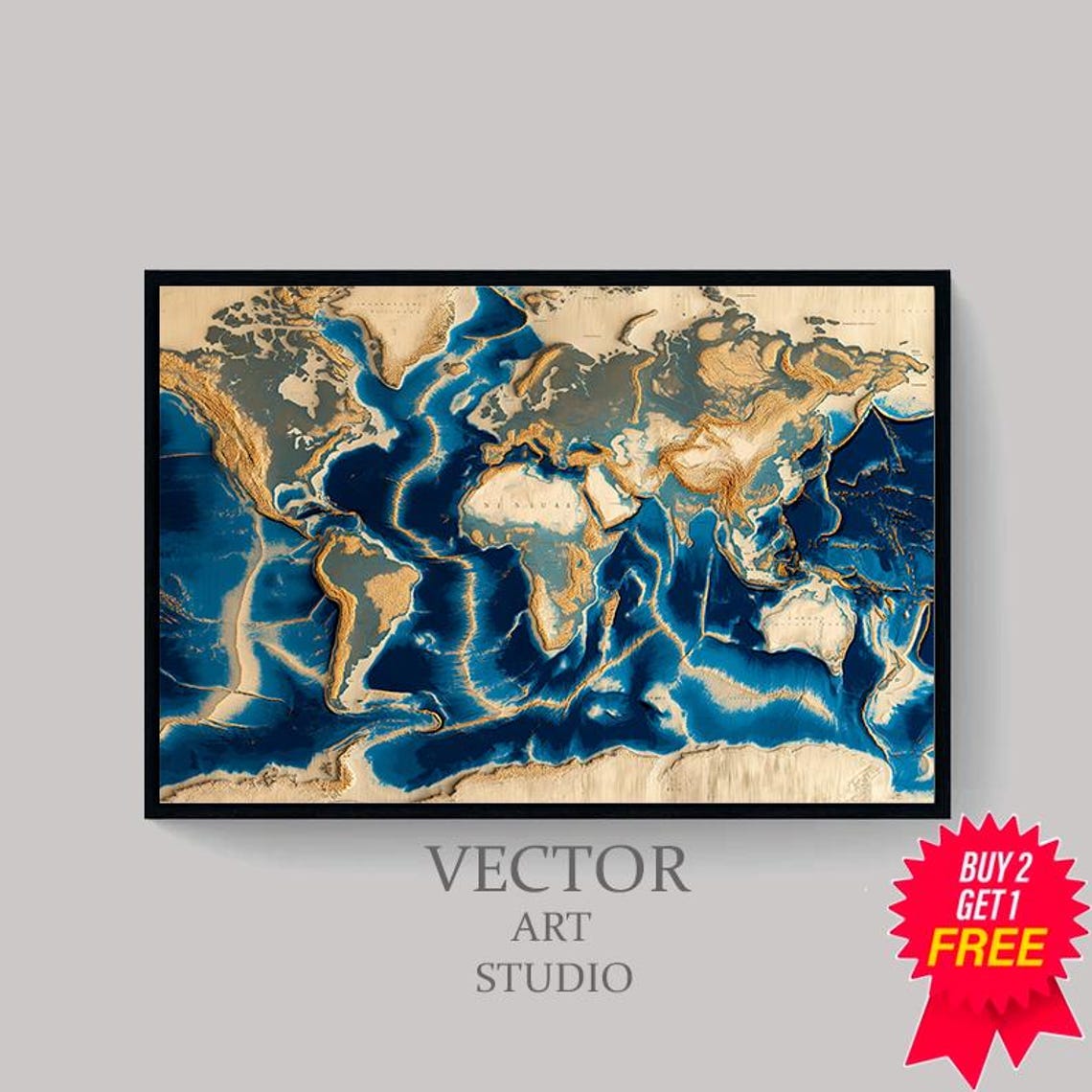 Ocean Floor Topographic World Map in Navy Blue and Gold Tones Poster - Image 4