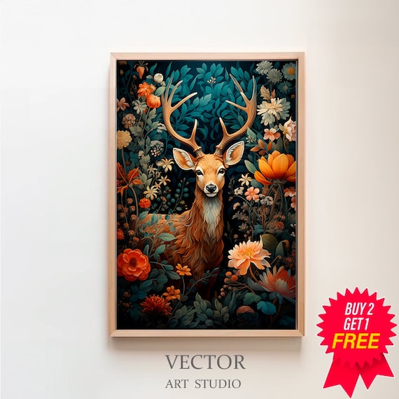 Deer Among Orange and Teal Flowers Lush Floral Nature Portrait Art Poster
