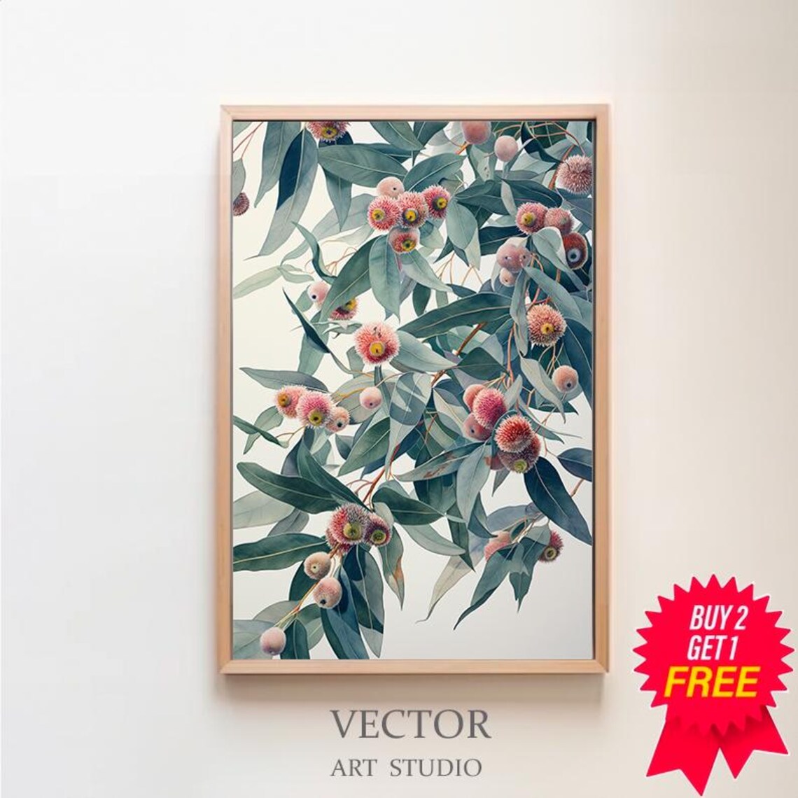 Flowering Gum Pink Blossom Eucalyptus Watercolor Botanical Poster