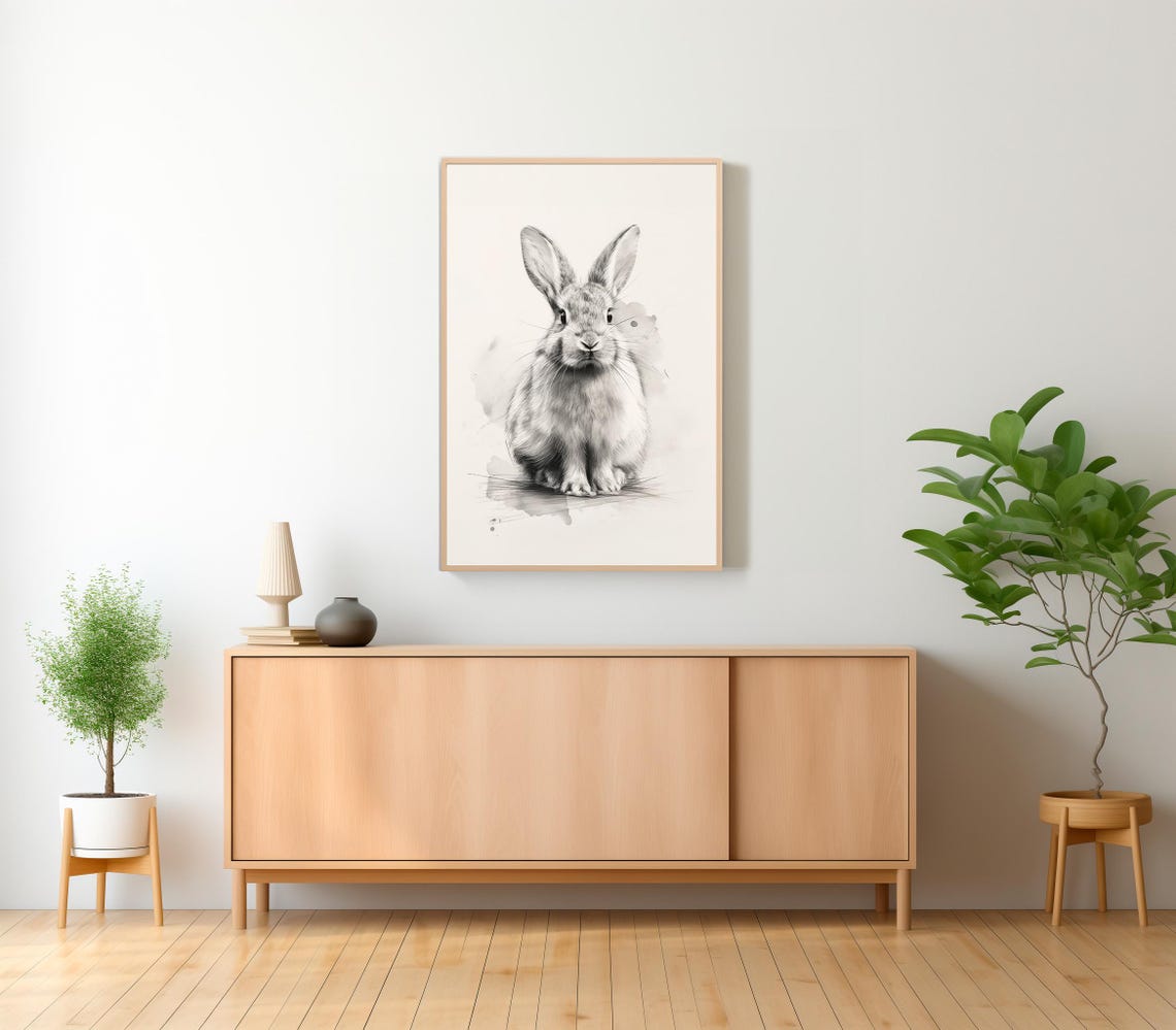 Cute Bunny Front View Delicate Ink Sketch Rabbit Watercolor Poster - Image 2