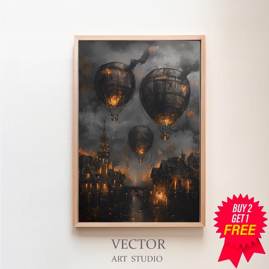 Glowing Steampunk Hot Air Balloon Trio Over Dusk City Poster