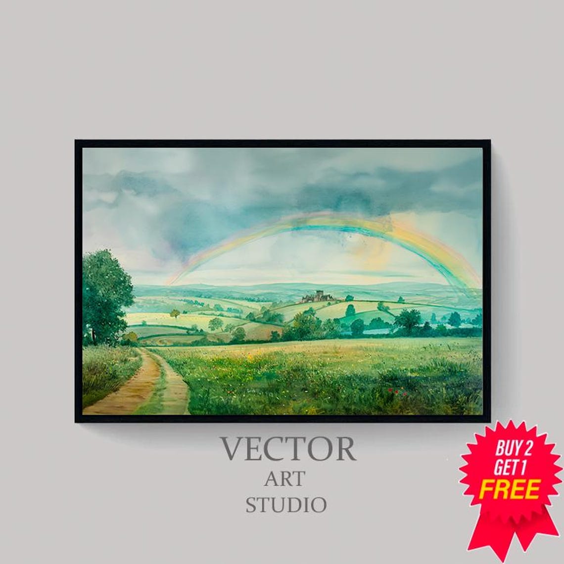 Rainbow Over Rolling Green Countryside Watercolor Landscape Poster - Image 4