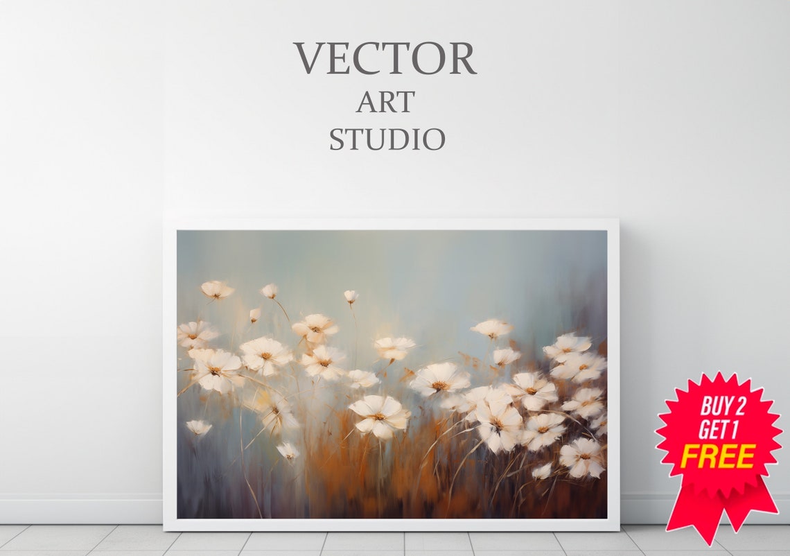 White Cosmos Flowers in Misty Blue Meadow Soft Abstract Floral Poster - Image 3