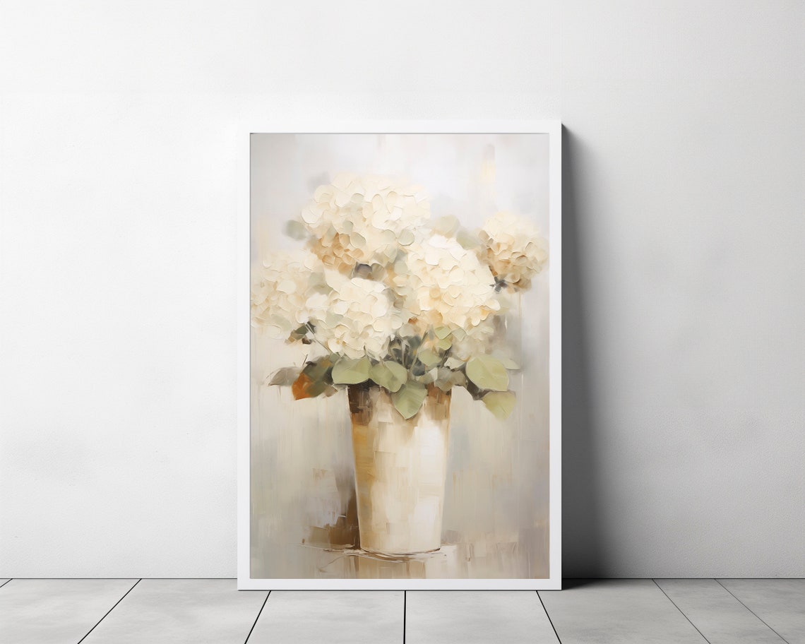 Bright White Hydrangeas in a Tall Cream Vase Soft Floral Poster - Image 3