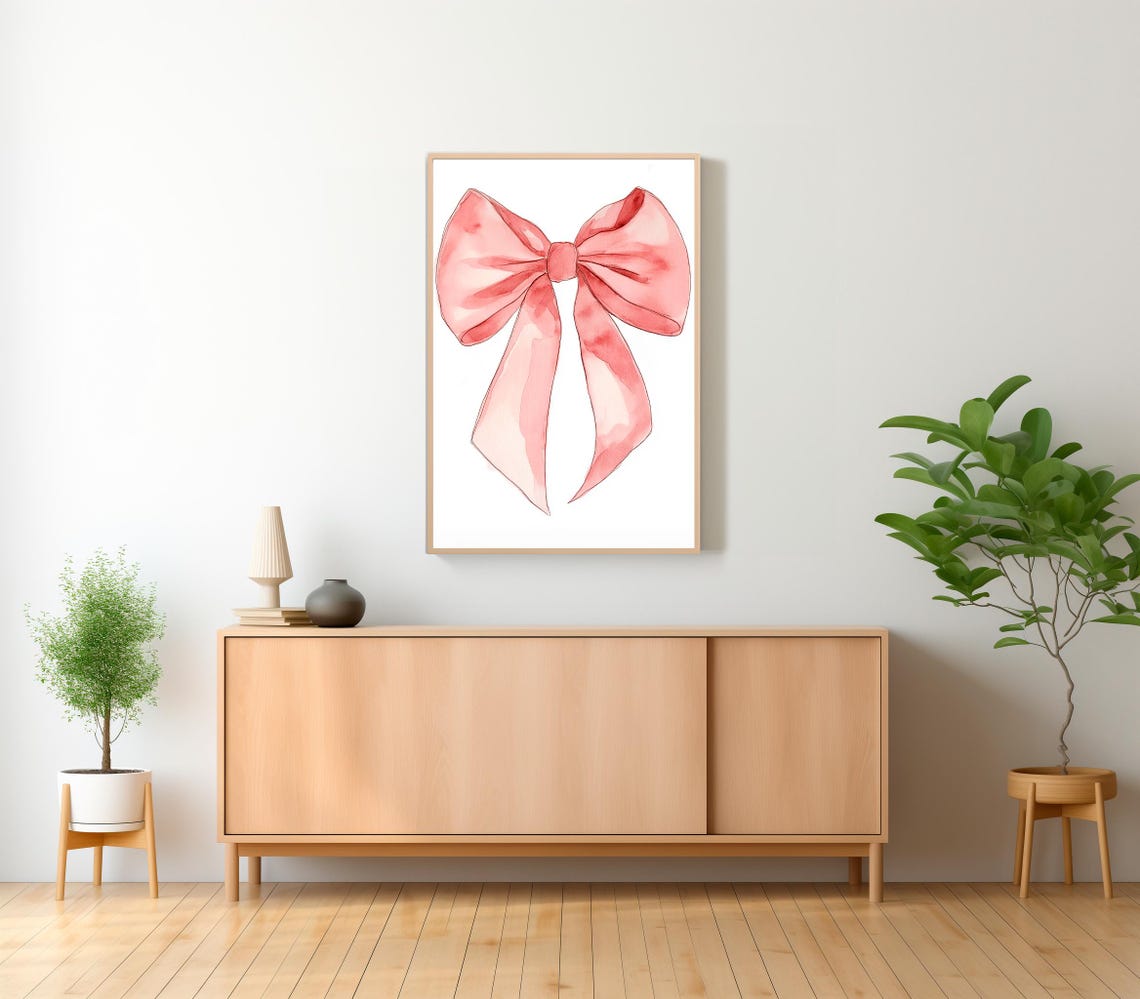 Blush Pink Watercolor Bow In Coquette Style Nursery Wall Decor Print - Image 2