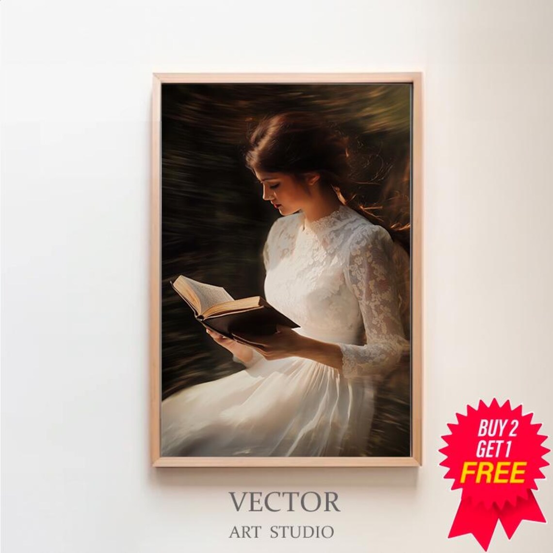 Woman Reading in a White Dress Vintage Style Library Art Poster