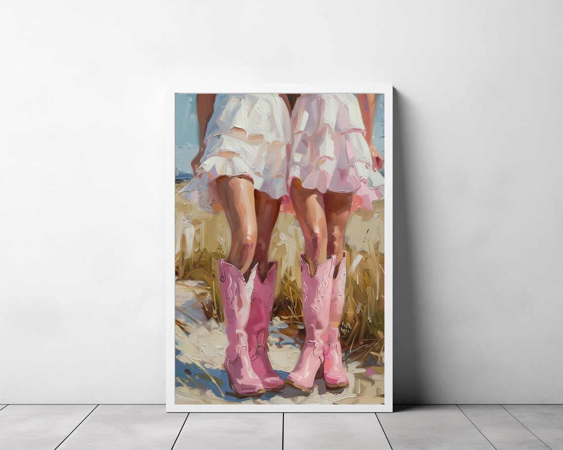 Coastal Cowgirl Pink Cowboy Boots Beach Day Oil Painting Poster - Image 3