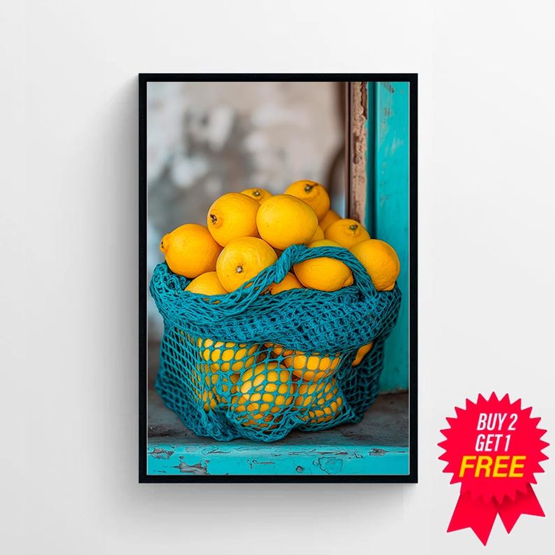 Lemons in a Teal Net Bag on a Turquoise Windowsill Kitchen Poster - Image 4