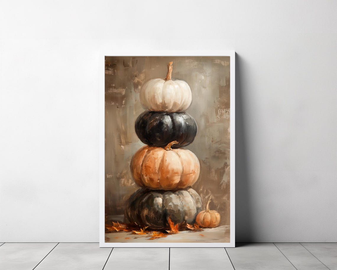 Stacked Pumpkins in White Black and Beige Fall Harvest Poster - Image 3