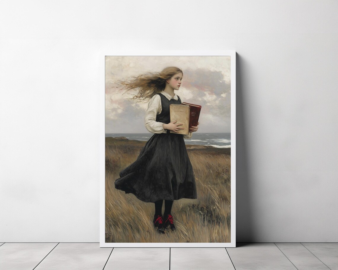 Windblown Girl With Books On Stormy Coastal Moor Dark Art Poster - Image 3