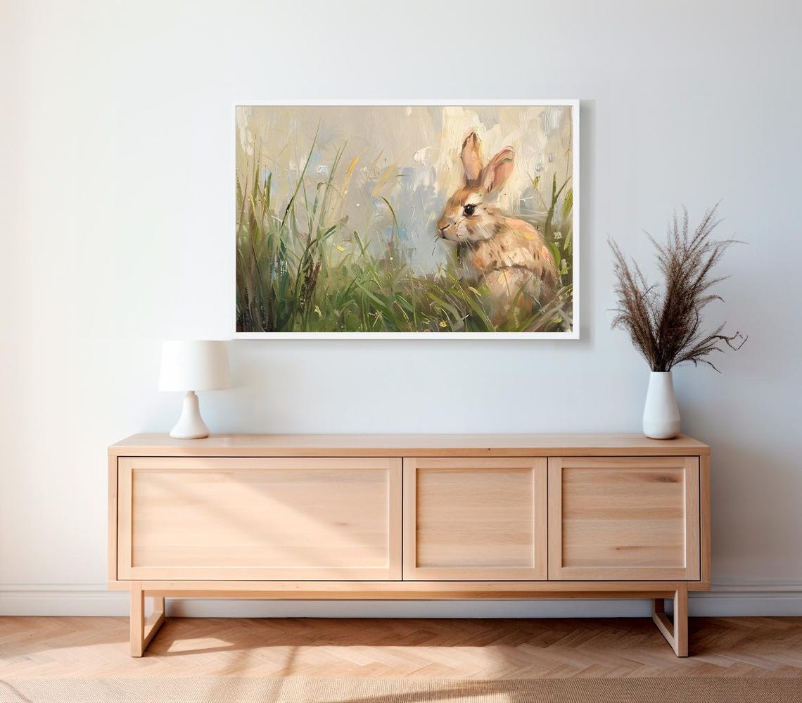 Vintage Easter Bunny Frame Tv Art Moody Easter Decor Neutral Spring Rabbit Painting Tv - Image 2
