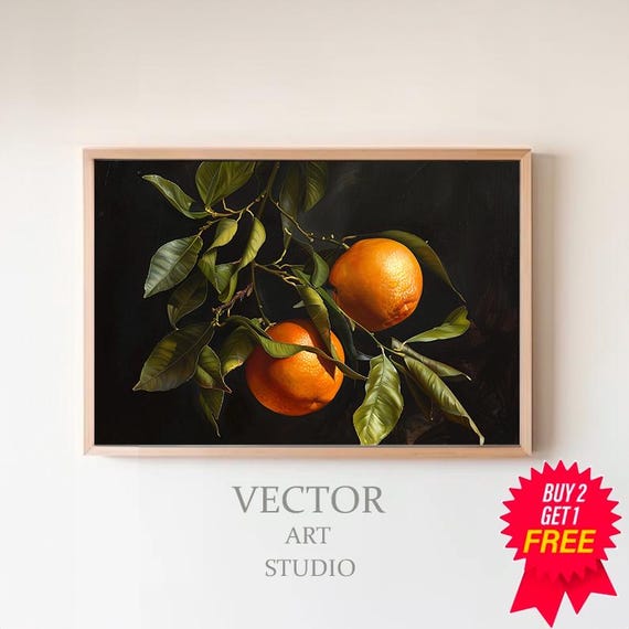 Orange Moody Fruit Print Vintage Citrus Still Life Oil Painting Rustic Farmhouse Decor Dark Oranges Tree Art Kitchen Wall Art