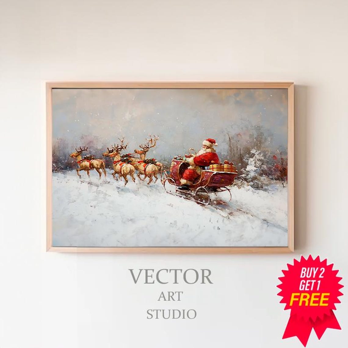 Santa And Six Reindeer Sleigh Crossing An Open Snowfield Poster