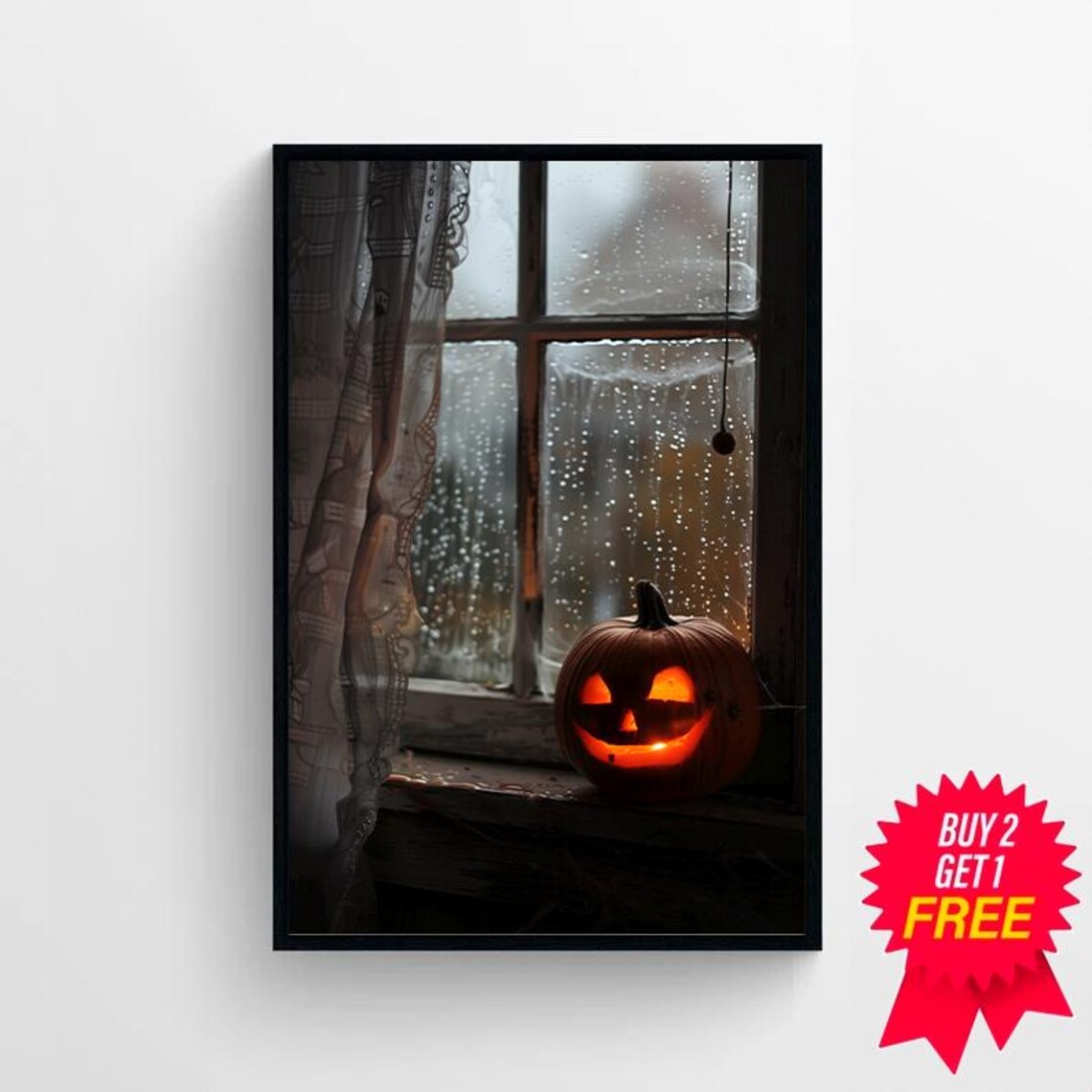 Glowing Jack O Lantern on Rainy Windowsill Moody Halloween Night Art Poster - Image 4
