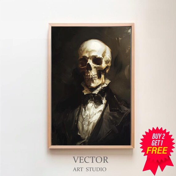 Elegant Skeleton in a Tuxedo in a Dark Renaissance Style Painting Poster