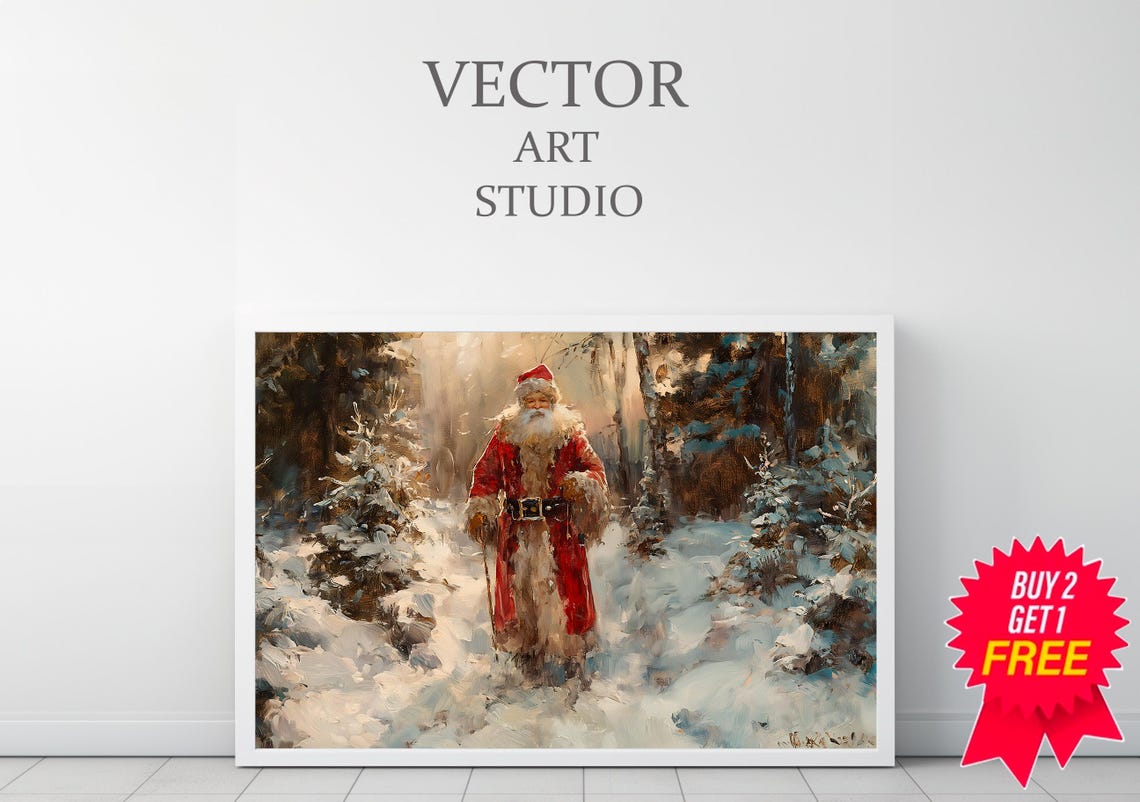 Vintage Santa Claus Walking Through Snowy Forest Christmas Poster - Image 3