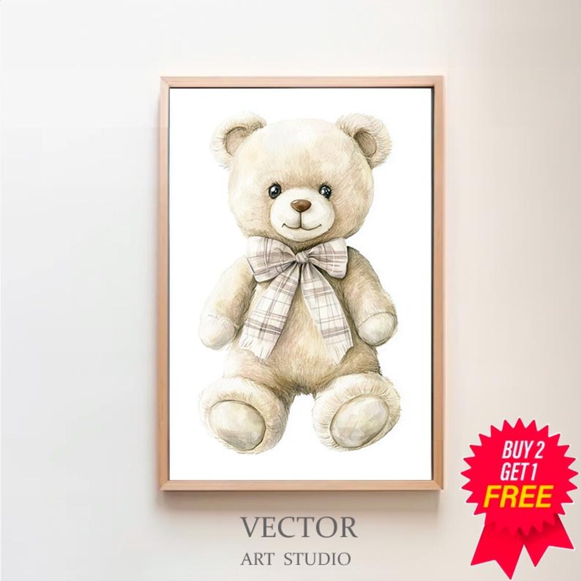 Teddy Bear Wearing A Plaid Bow Tie Nursery Watercolor Poster