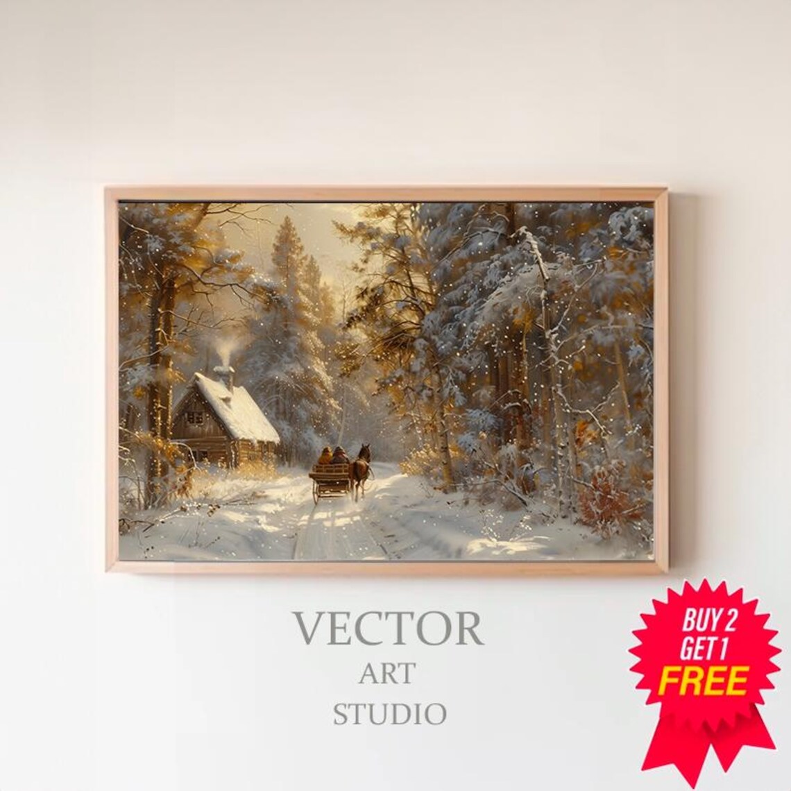 Golden Light Winter Cabin With Horse Sleigh In Snowy Woods Poster