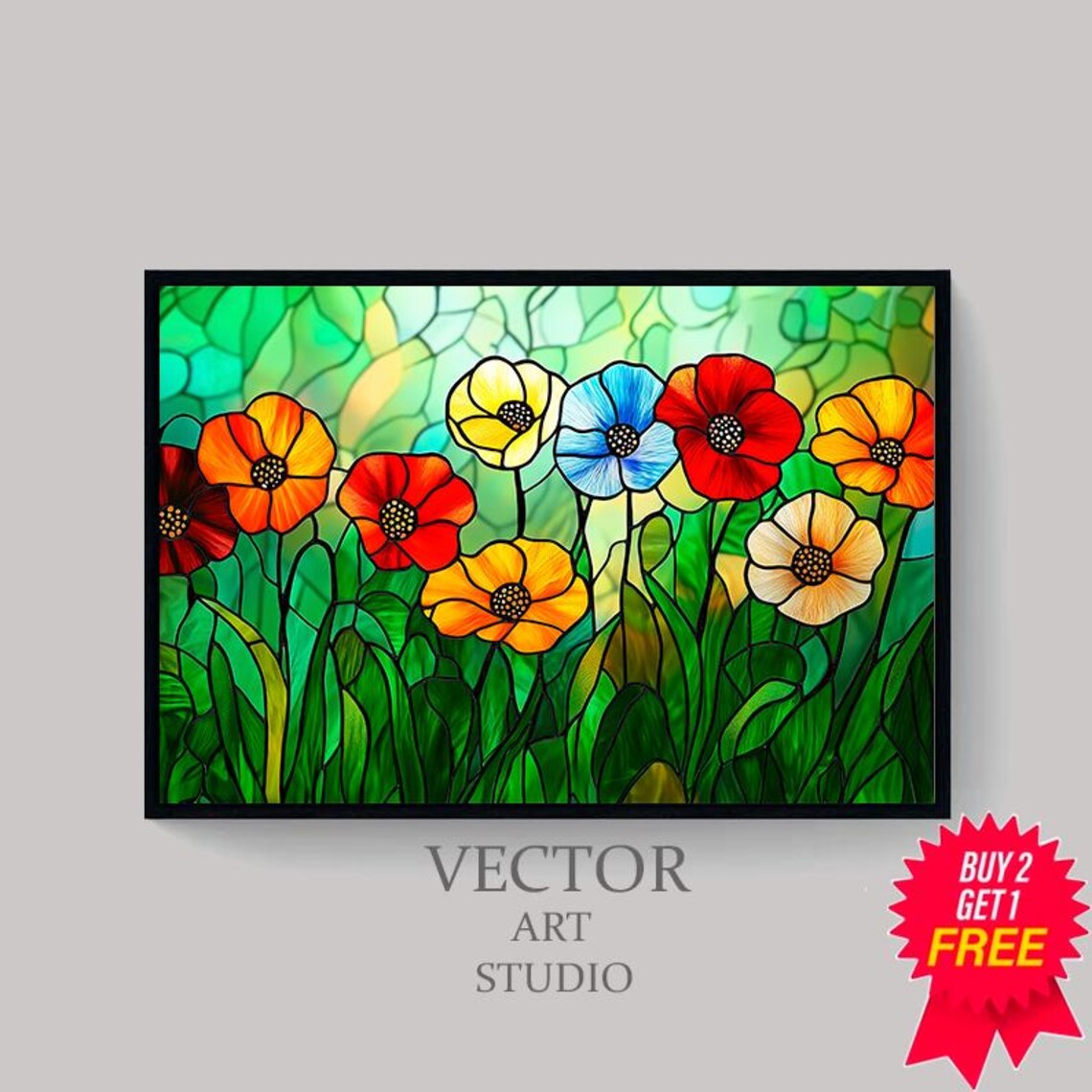 Stained Glass Poppies On A Green Background Floral Art Poster - Image 4