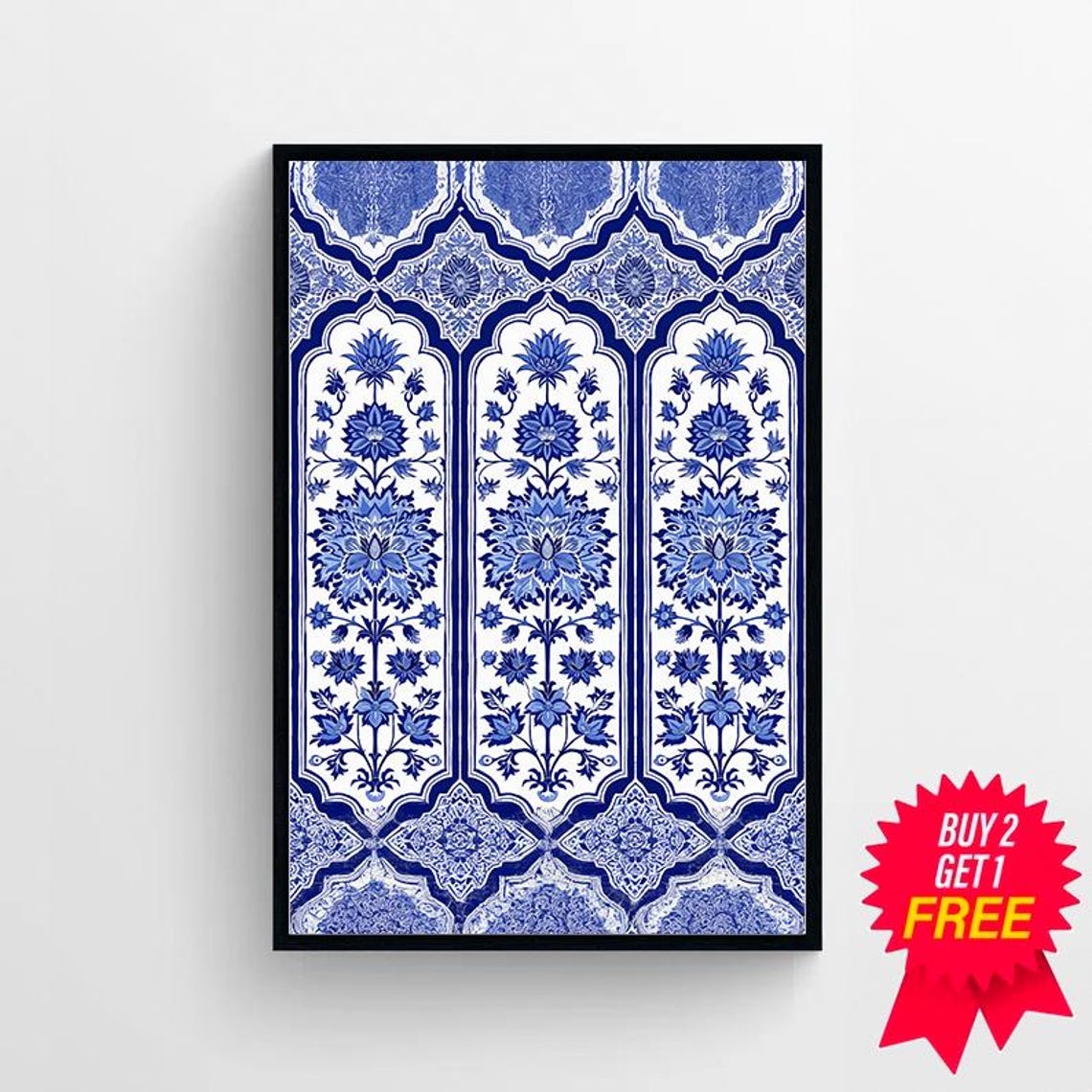 Royal Blue and White Indian Mughal Floral Arch Pattern Poster - Image 4