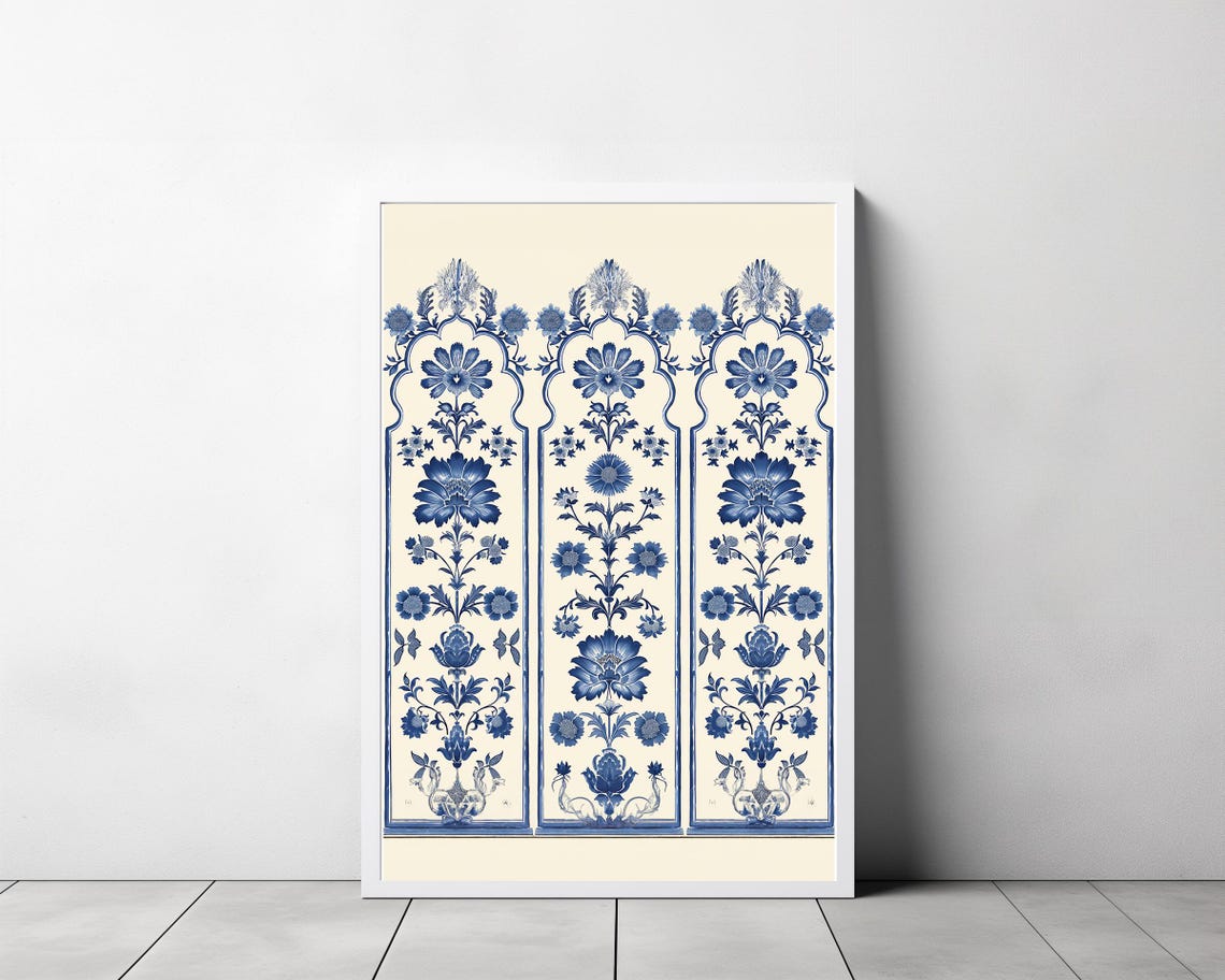 Blue And White Indian Floral Textile Block Pattern Art Poster - Image 3