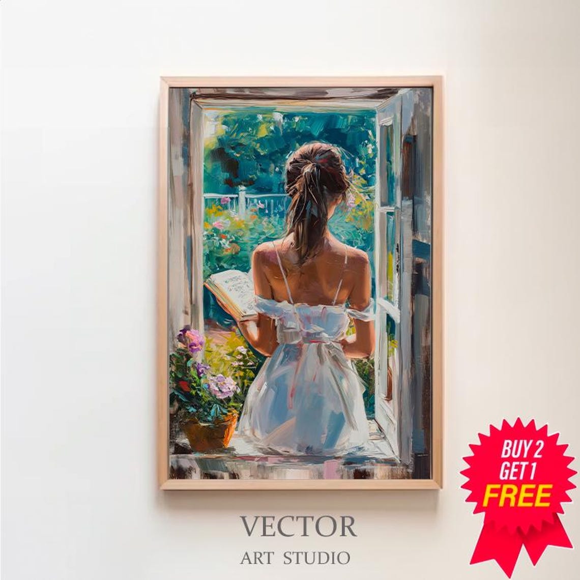 Woman Reading Book By Open Garden Window Impressionist Poster