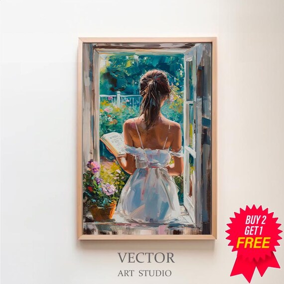 Woman Reading Book By Open Garden Window Impressionist Poster