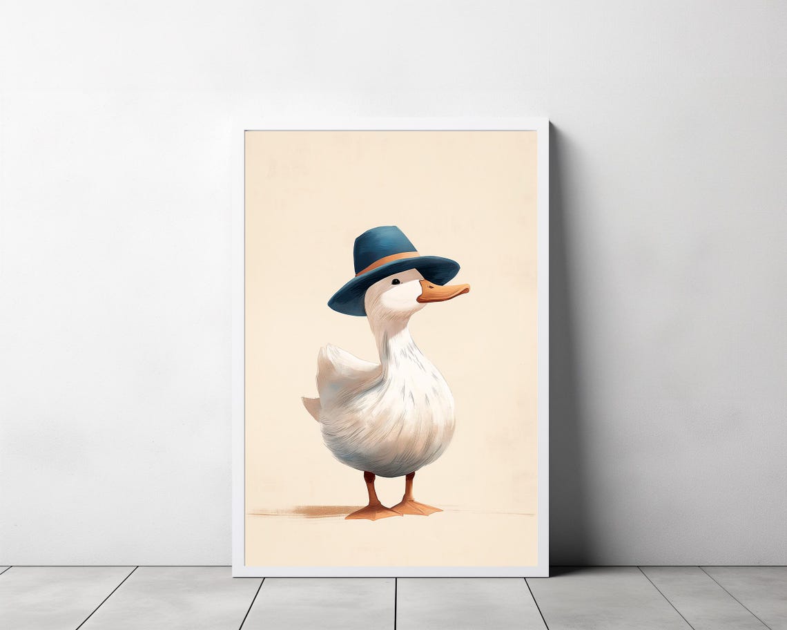 Charming White Duck Wearing a Blue Fedora Hat Cute Nursery Poster - Image 3