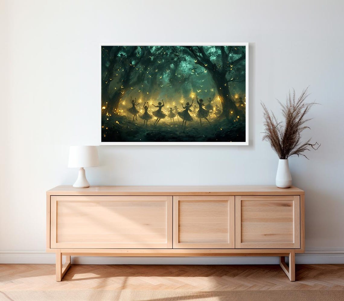 Silhouette Fairies Dancing in Glowing Forest Fireflies Fantasy Poster - Image 2