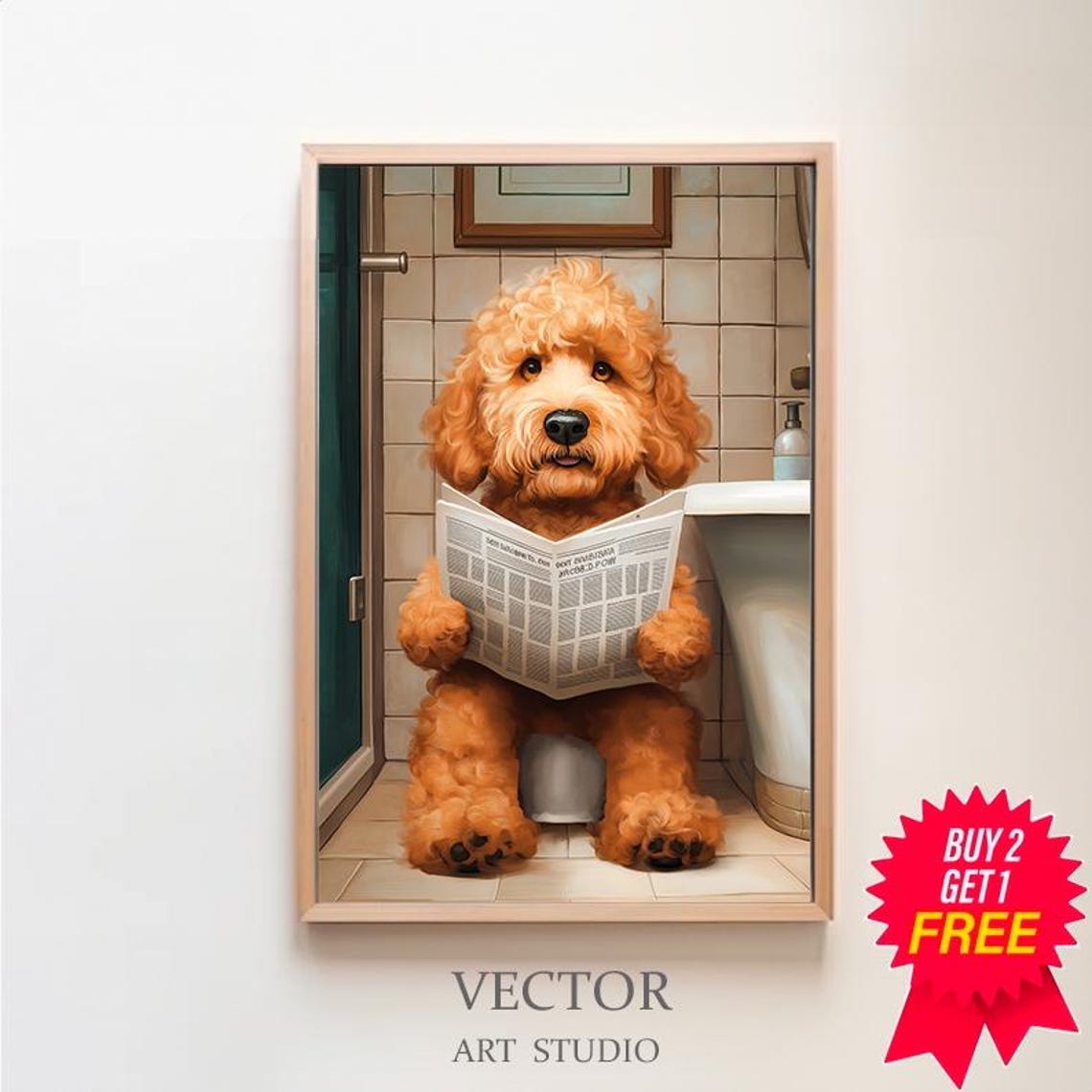 Cockapoo Sitting on Toilet Reading Newspaper Funny Dog Poster