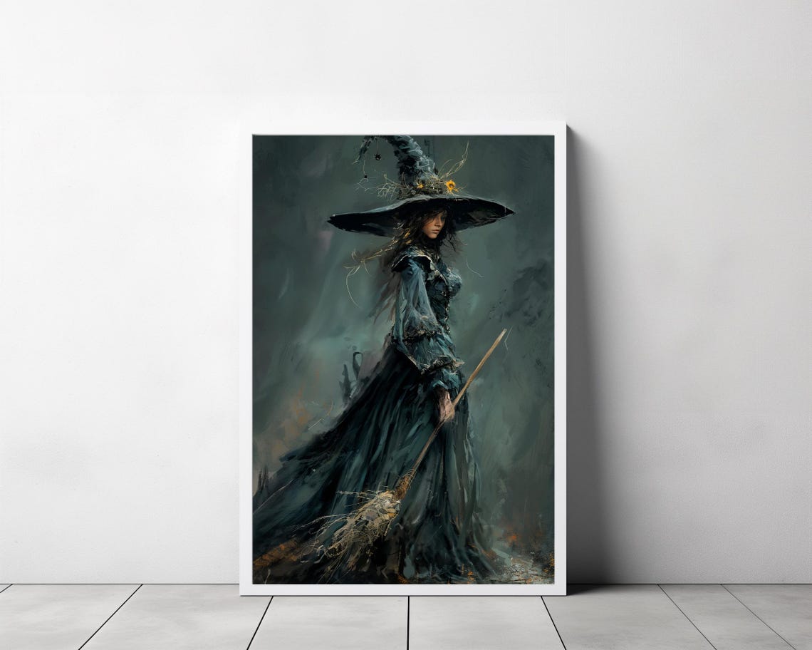 Dark Elegant Witch with Tall Hat and Broom Moody Halloween Art Poster - Image 3