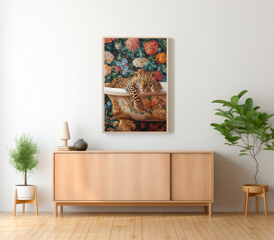 Wall Art Leopard In A Bathtub Maximalist Oil Painting Colorful Trendy Kitsch Bathroom Print Vivid Bold Dopamine Animal Picture - Image 2