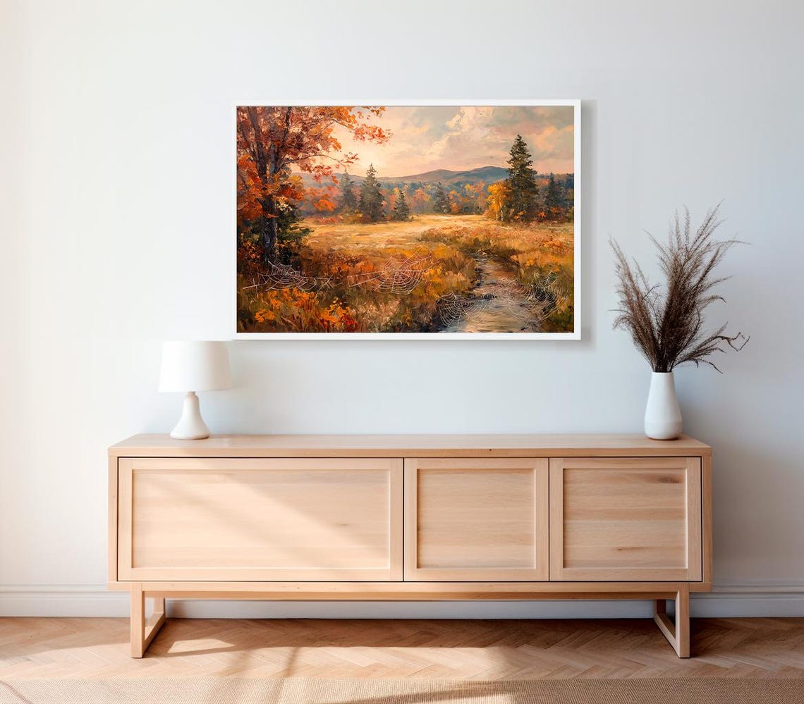 Golden Autumn Meadow with Spider Webs by Stream Landscape Poster - Image 2