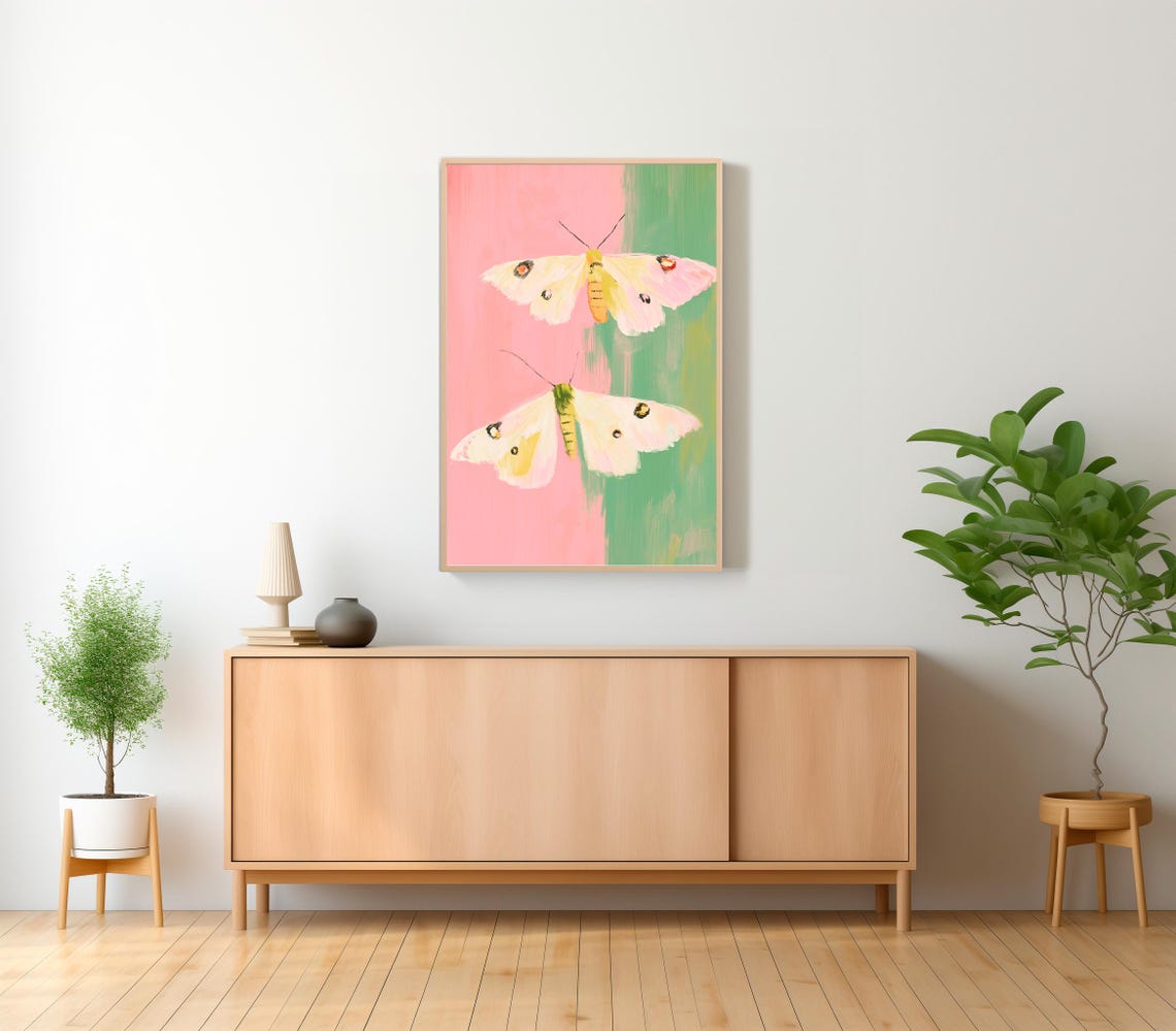 Two Delicate White Moths Pink Green Botanical Insect Art Poster - Image 2