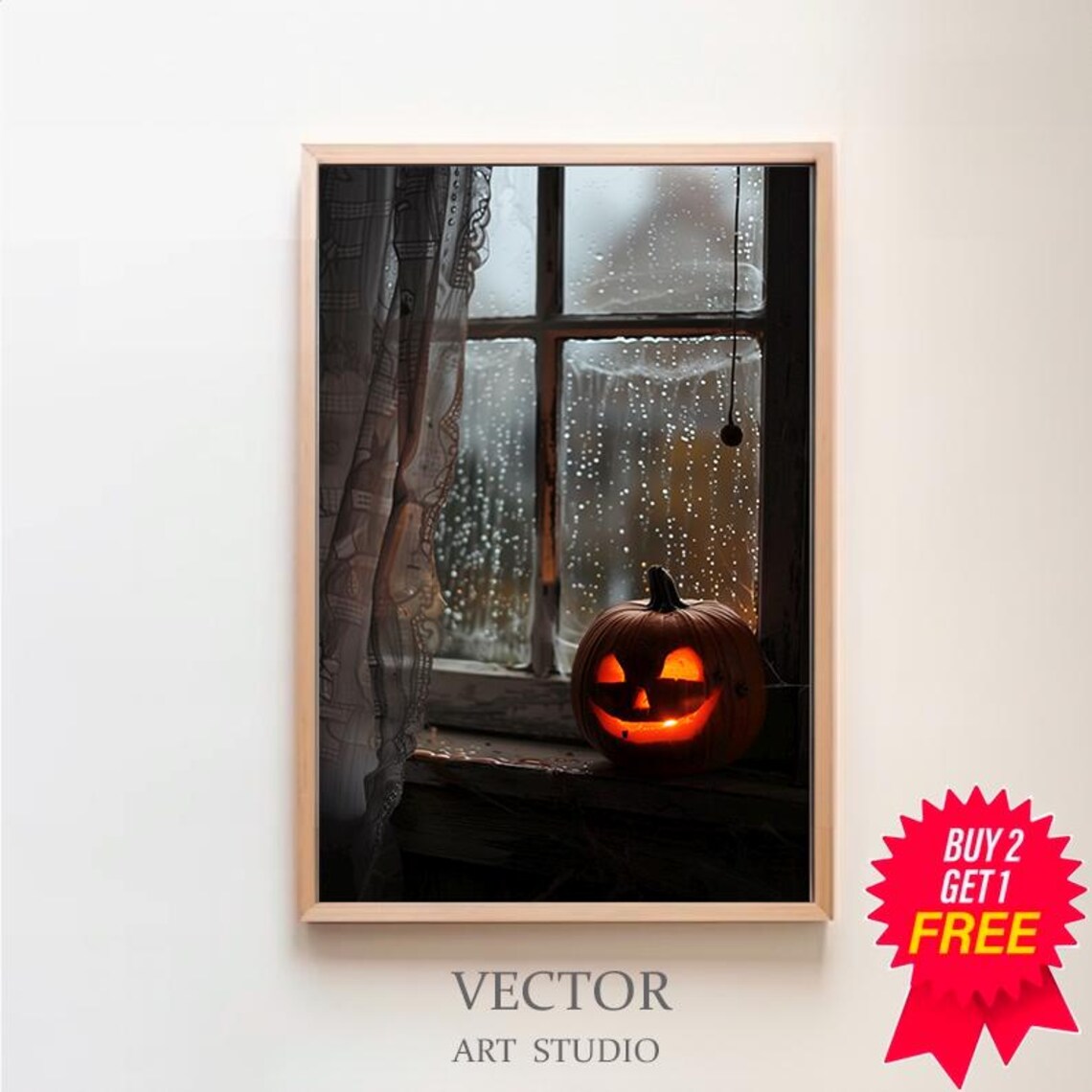 Glowing Jack O Lantern on Rainy Windowsill Moody Halloween Night Art Poster