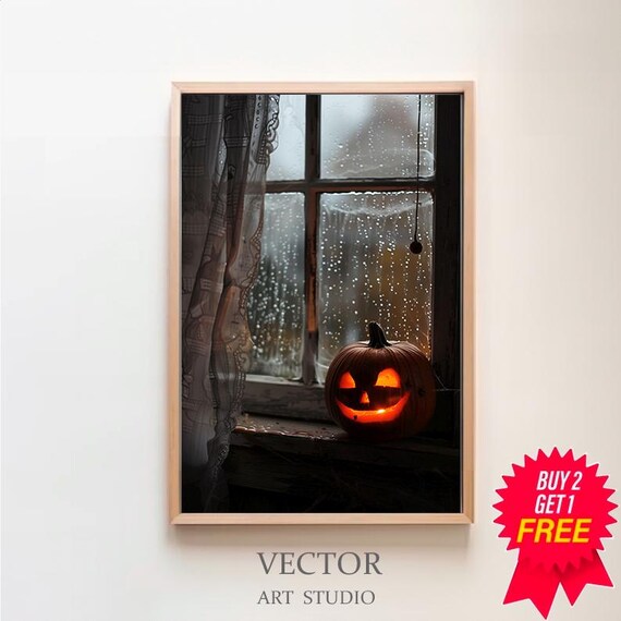 Glowing Jack O Lantern on Rainy Windowsill Moody Halloween Night Art Poster