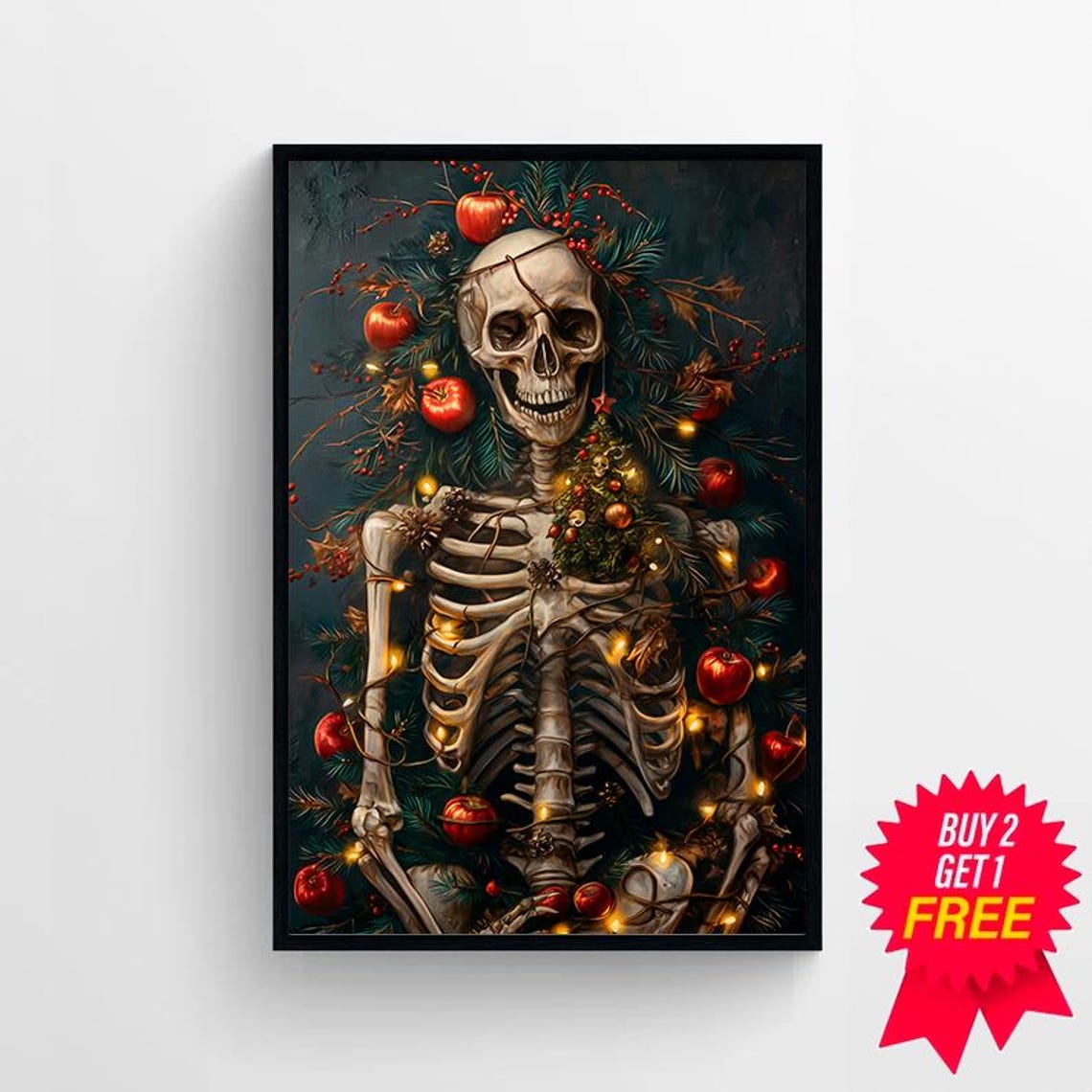 Smiling Skeleton In Christmas Lights Red Apples Dark Holiday Poster - Image 4