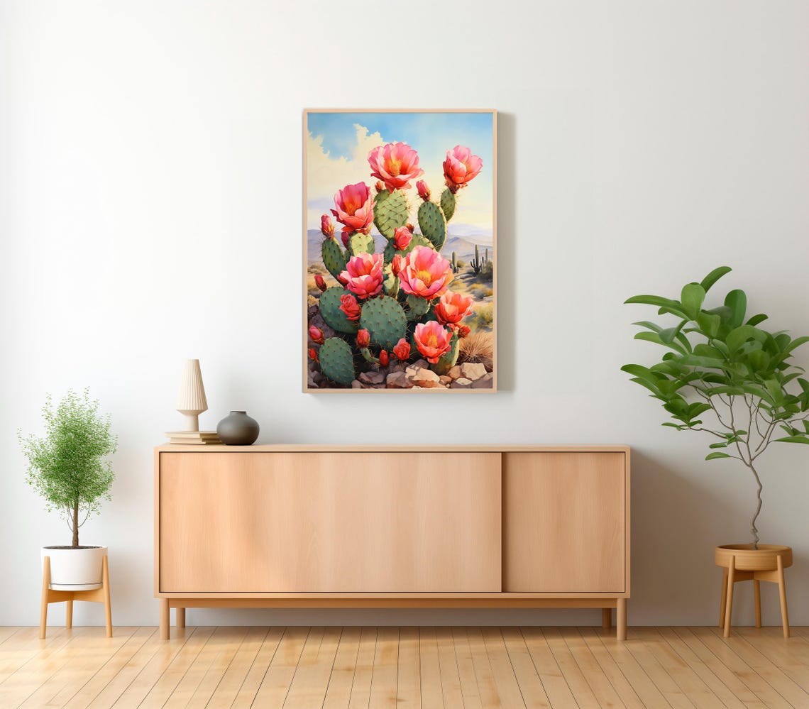 Prickly Pear Cactus with Pink Blooms Desert Morning Watercolor Poster - Image 2