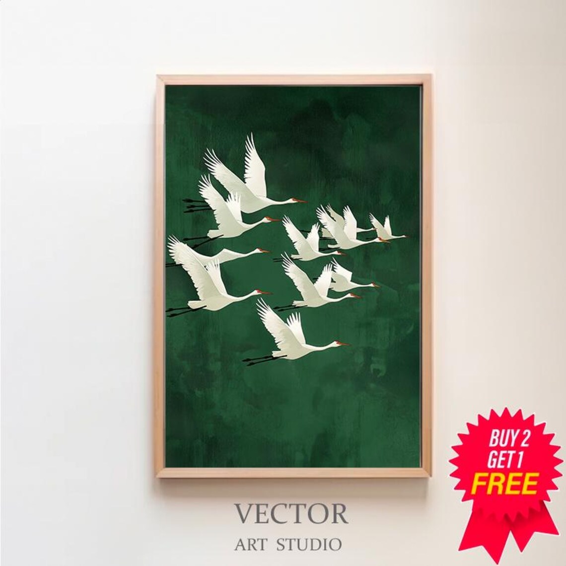 White Cranes in Flight on Emerald Green Japanese Style Art Print
