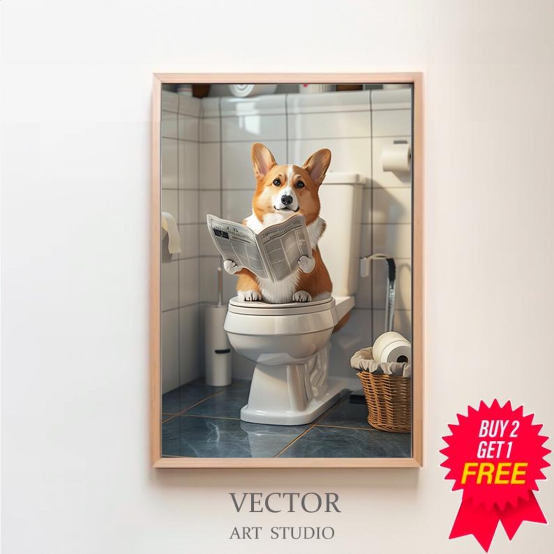 Pembroke Welsh Corgi In Toilet, Funny Bathroom Art Print