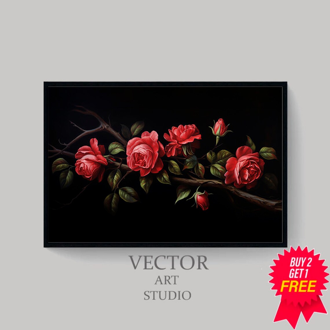 Red Roses on Branch Black Background Moody Floral Oil Poster - Image 4
