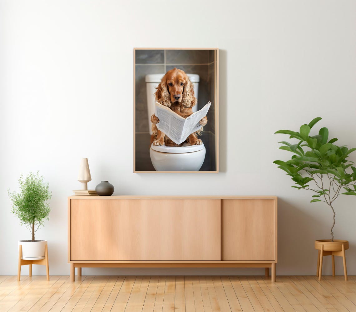Cocker Spaniel Reading Newspaper on the Toilet Funny Bathroom Poster - Image 2