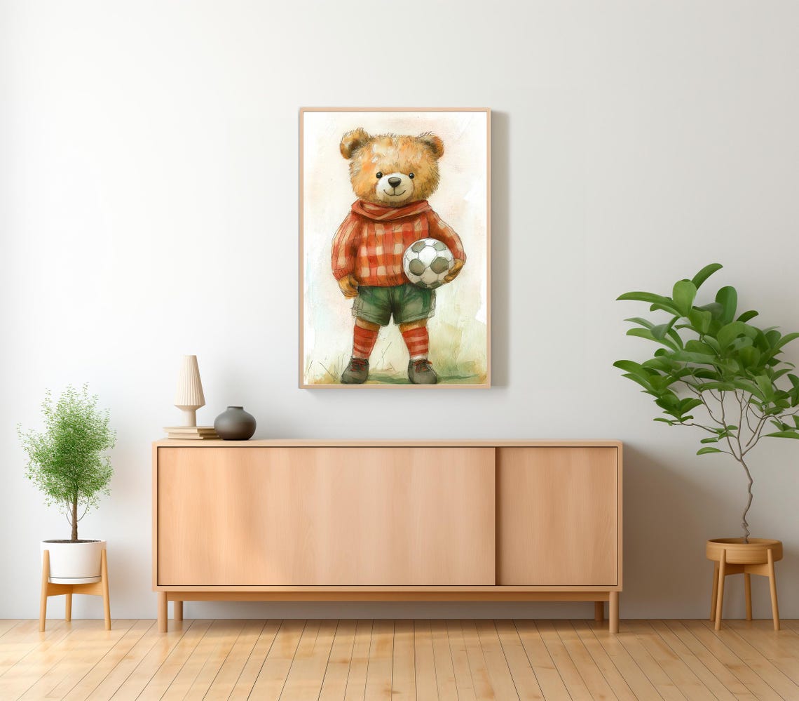Teddy Bear in Red Plaid Sweater Holding a Soccer Ball Poster - Image 2